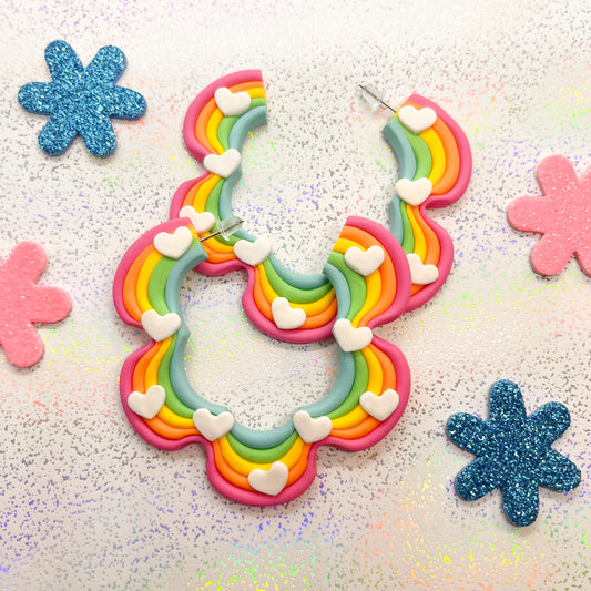 Soft rainbow mini squiggle hoops with white heart details