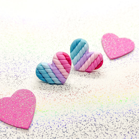 Blue to pink ombre twisted heart studs