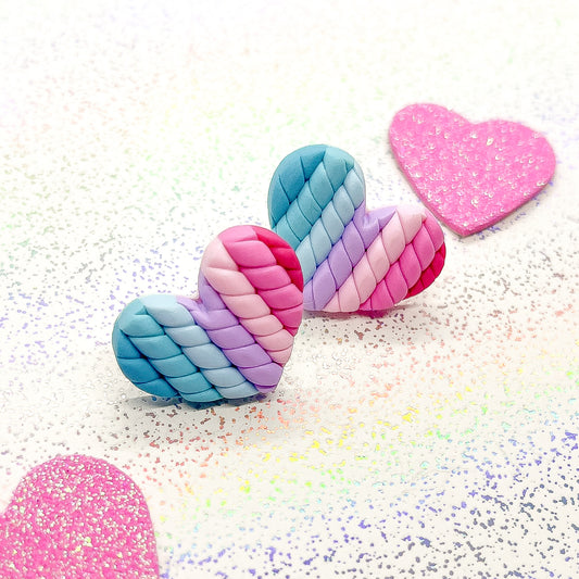 Blue to pink ombre twisted heart studs