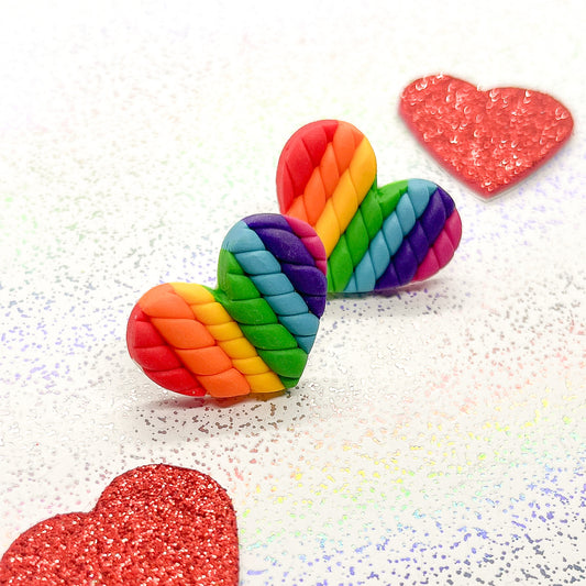 Bright rainbow twisted heart studs
