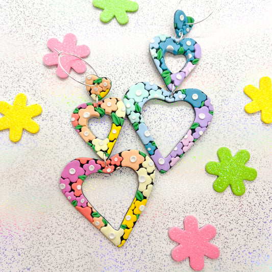 Rainbow mosaic garden triple heart dangles