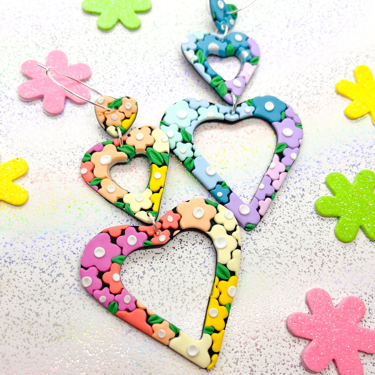 Rainbow mosaic garden triple heart dangles