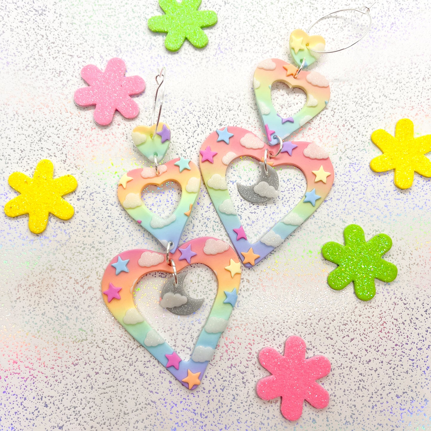 Ombre rainbow sunset triple heart dangles