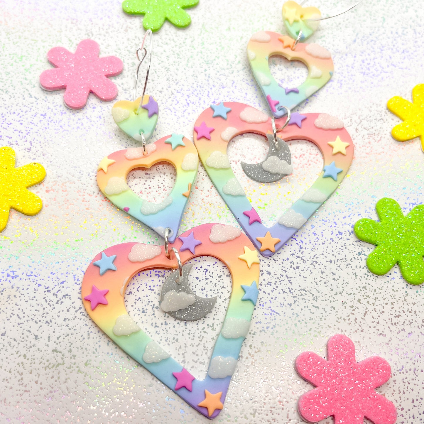 Ombre rainbow sunset triple heart dangles