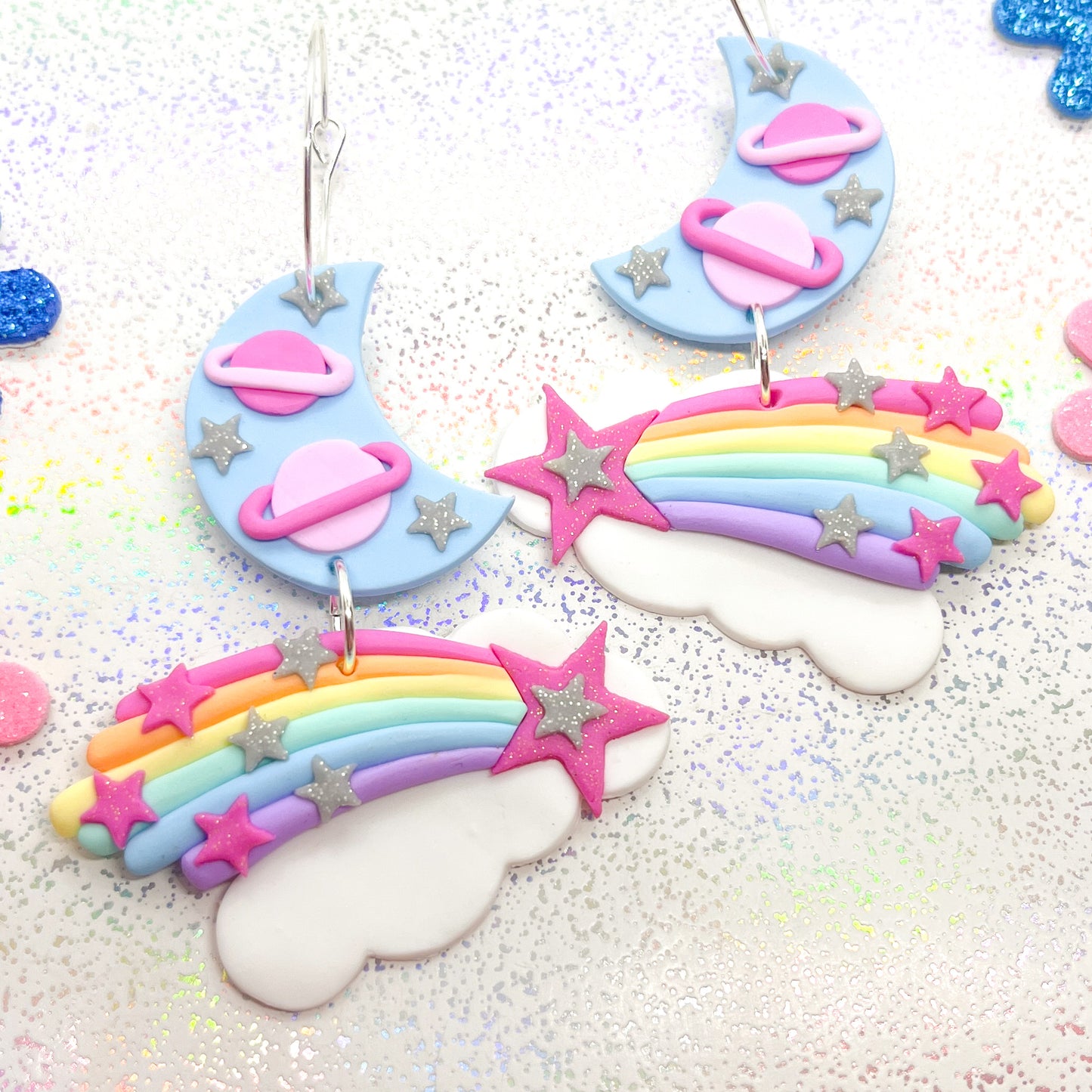 Pastel blue lunar shooting star dangles