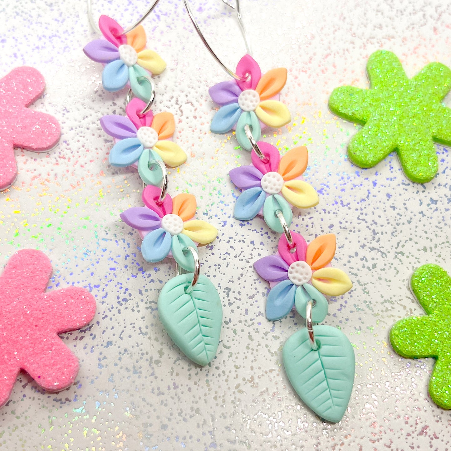 Pastel rainbow daisy chain dangles