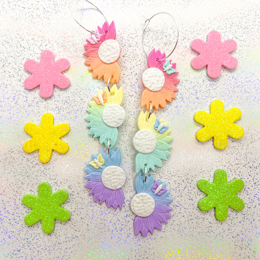 Triple-tiered rainbow ombre sunflower dangles