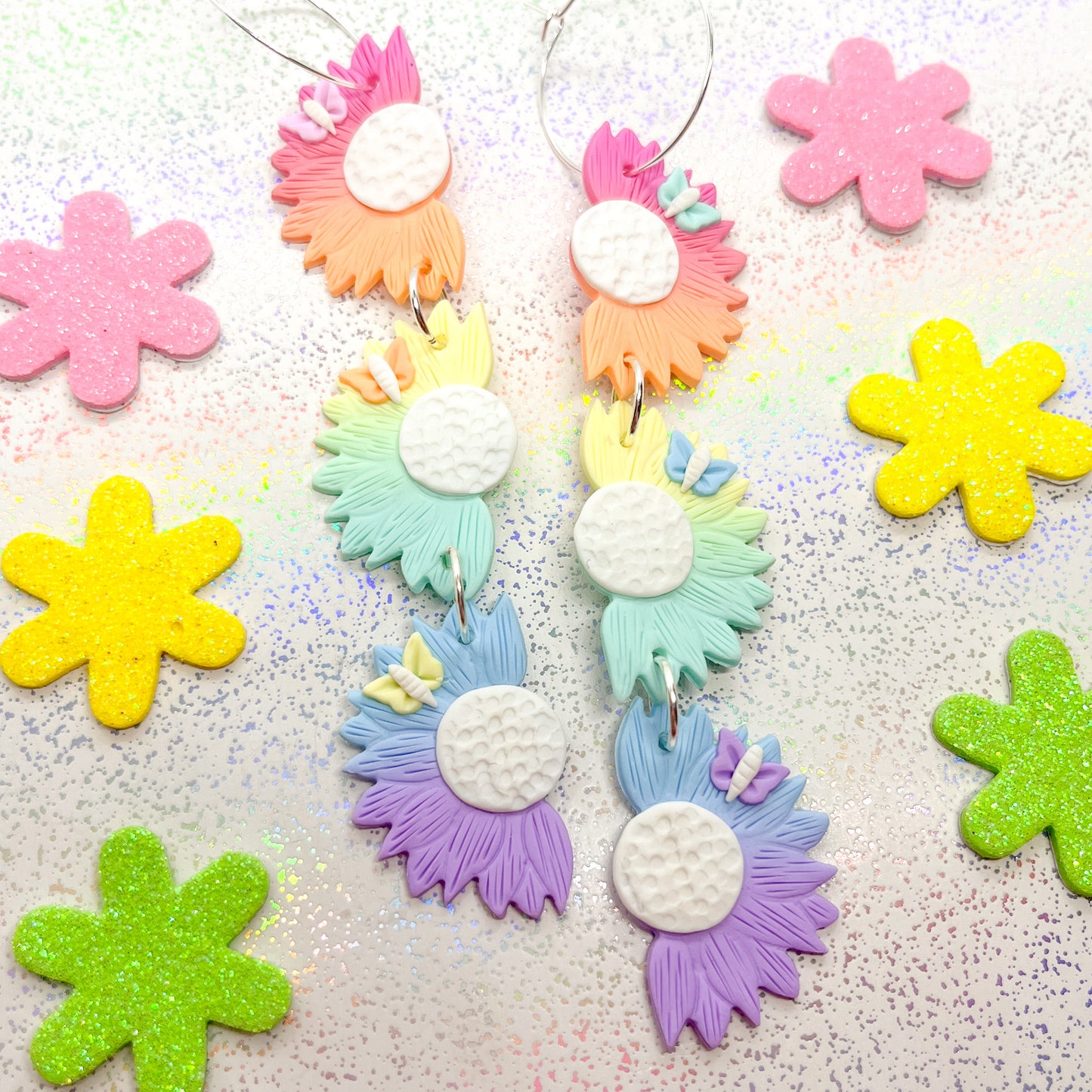 Triple-tiered rainbow ombre sunflower dangles