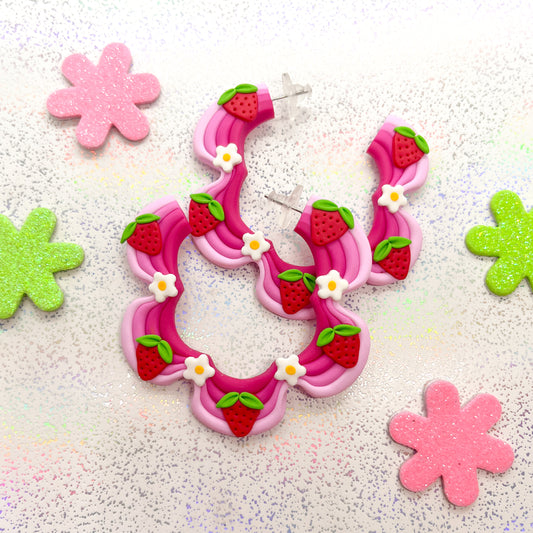 Mini pink ombre strawberry and daisy squiggle hoops