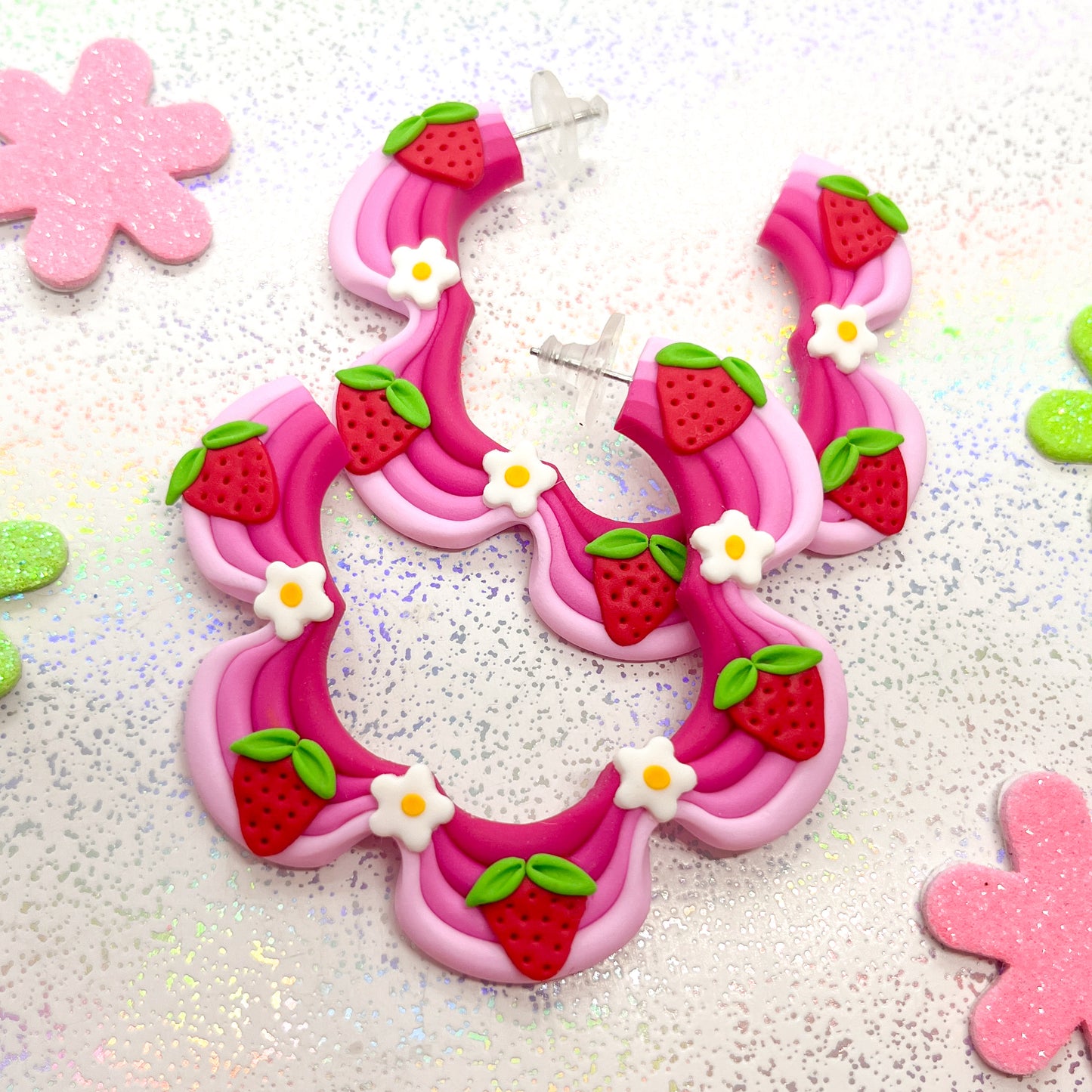 Mini pink ombre strawberry and daisy squiggle hoops