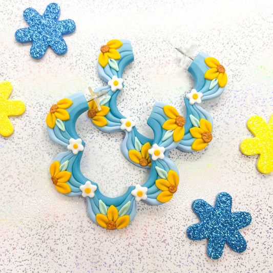 Mini blue ombre sunflower and daisy squiggle hoops