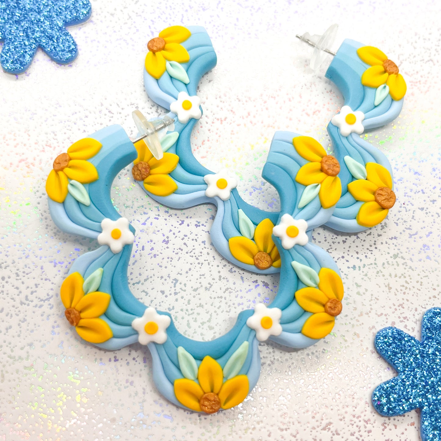 Mini blue ombre sunflower and daisy squiggle hoops