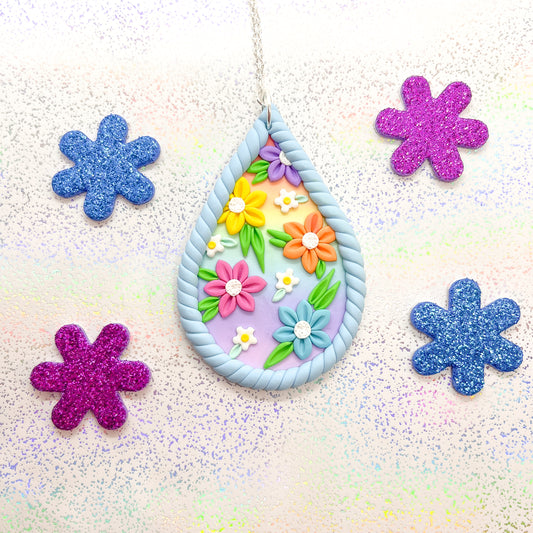Pastel blue and rainbow flower chunky pendant