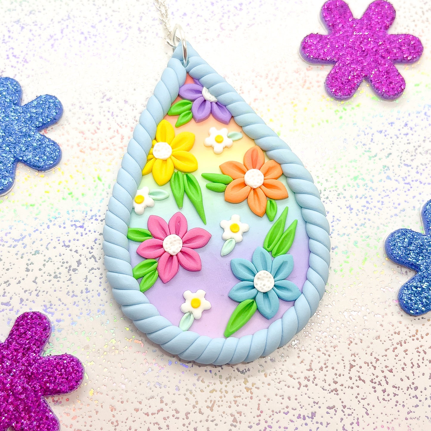 Pastel blue and rainbow flower chunky pendant