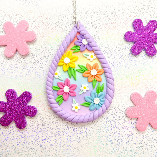 Pastel lilac and rainbow flower chunky pendant