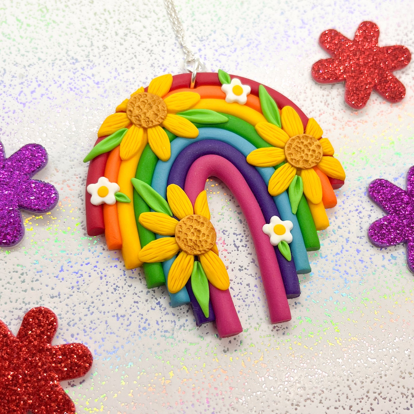 Bright rainbow sunflower garden chunky necklace pendant