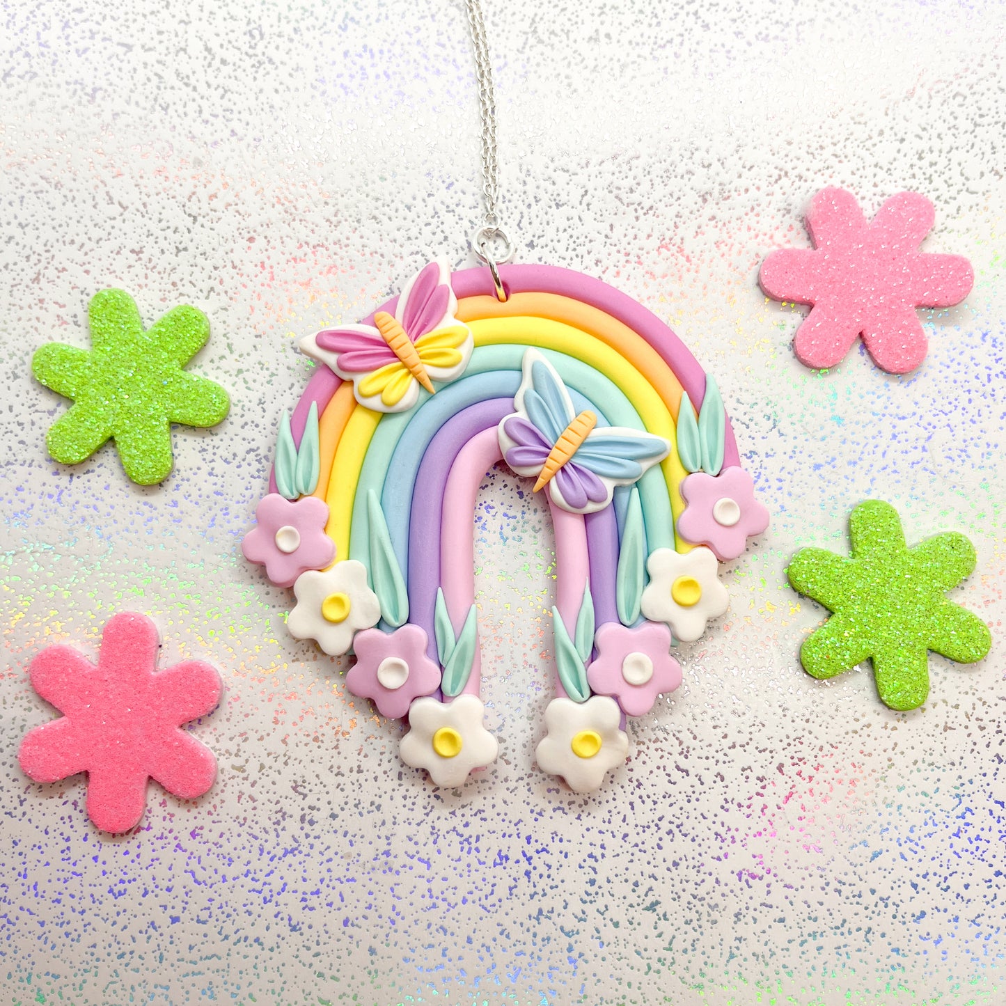 Pastel rainbow butterfly garden chunky necklace pendant