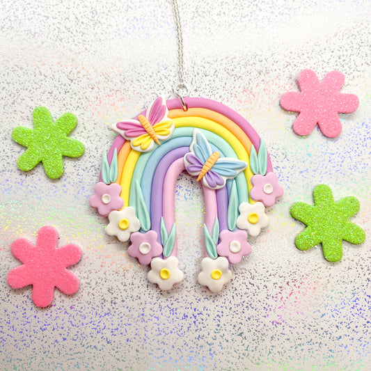 Pastel rainbow butterfly garden chunky necklace pendant