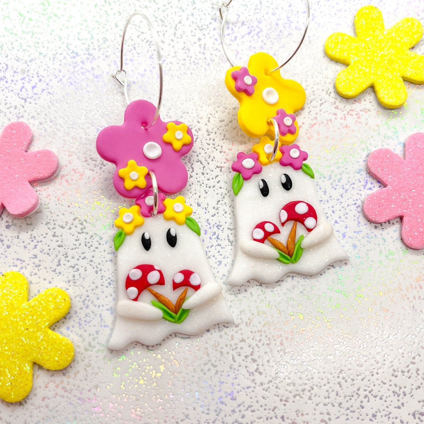 White glitter mushroom ghostie dangles