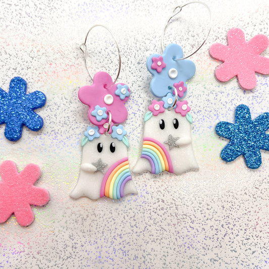 White glitter pastel rainbow ghostie dangles