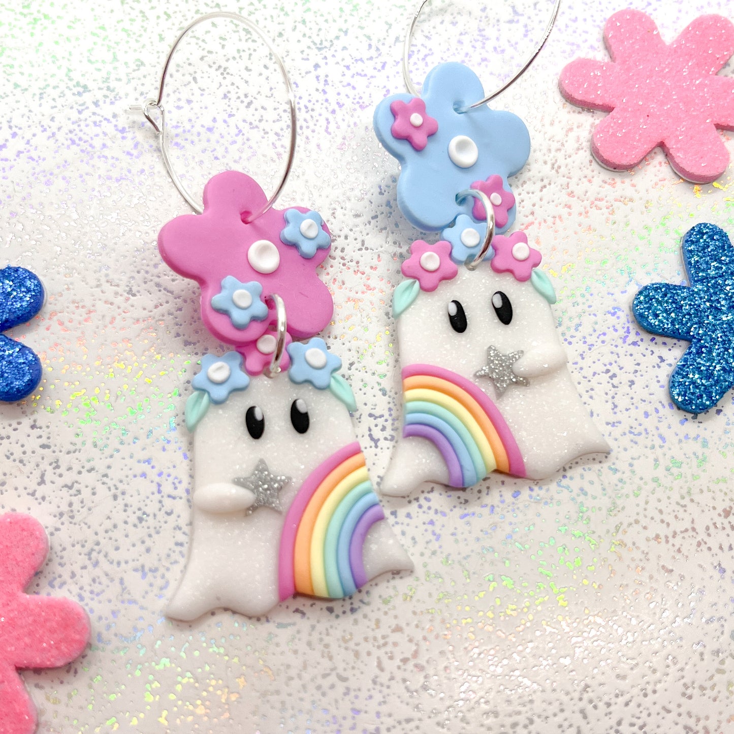 White glitter pastel rainbow ghostie dangles