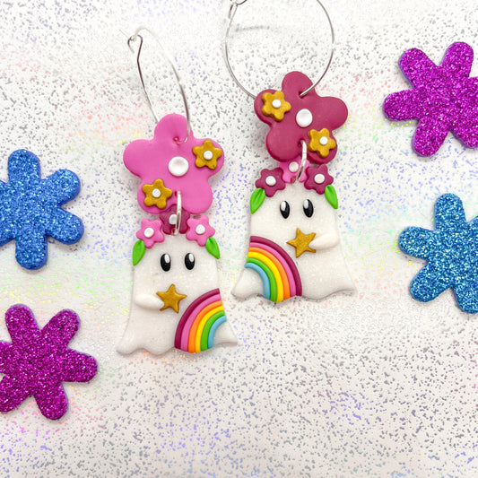 White glitter autumn rainbow ghostie dangles