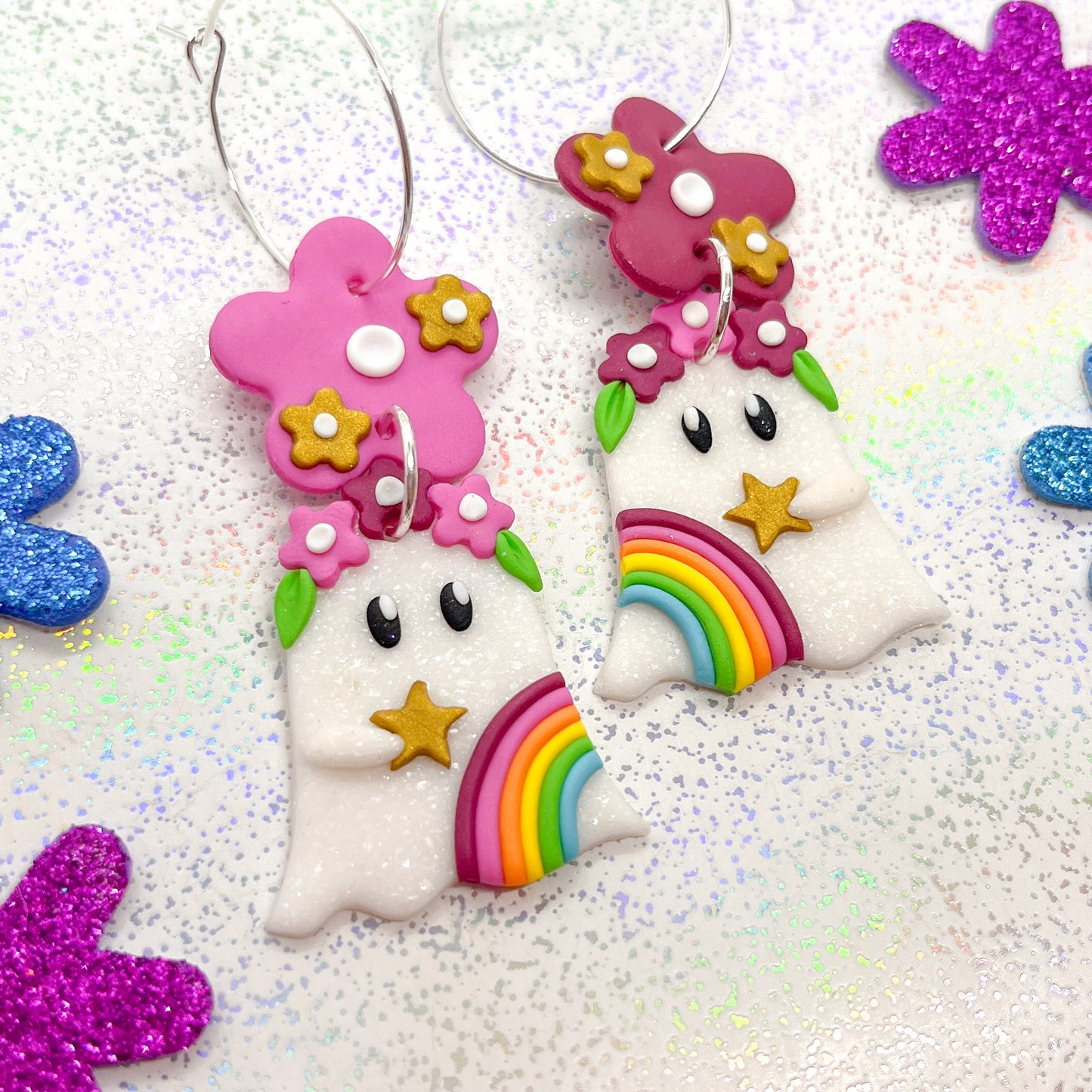 White glitter autumn rainbow ghostie dangles