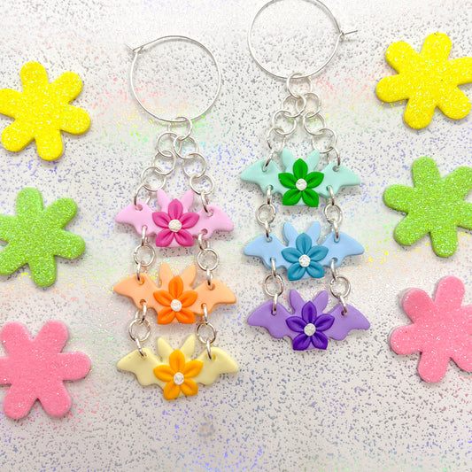 Triple-tiered mismatched pastel rainbow bat dangles