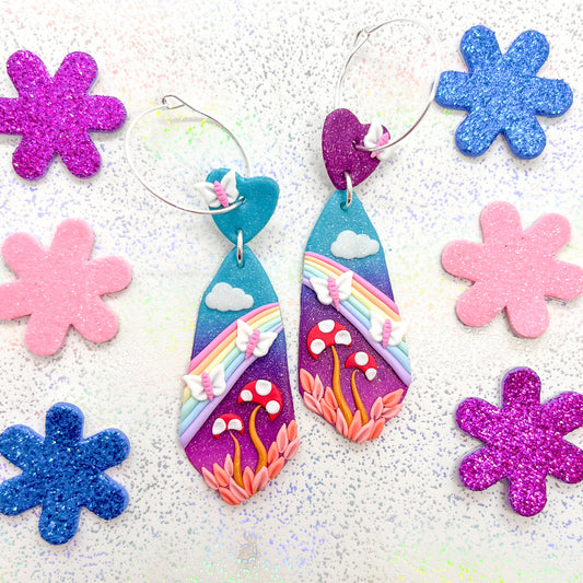 Glitter ombre mushroom over-the-rainbow dangles