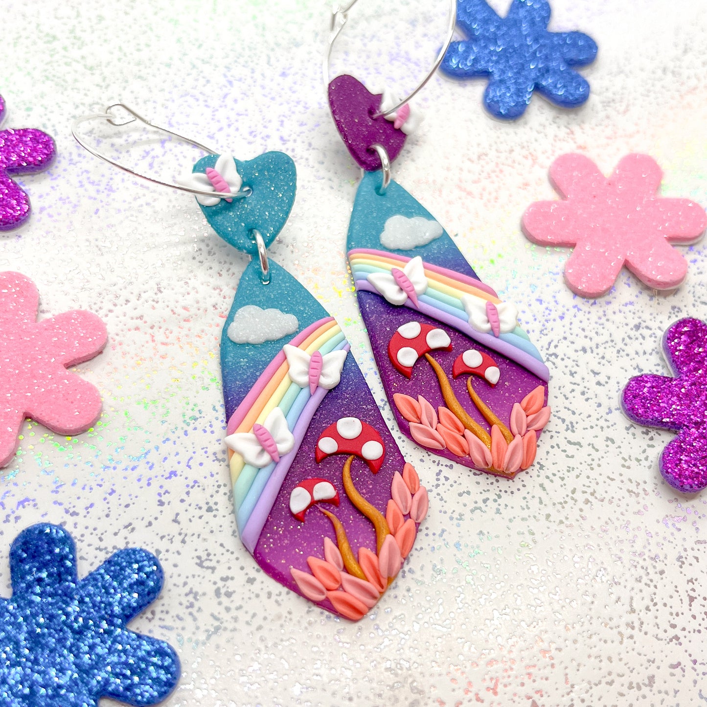 Glitter ombre mushroom over-the-rainbow dangles