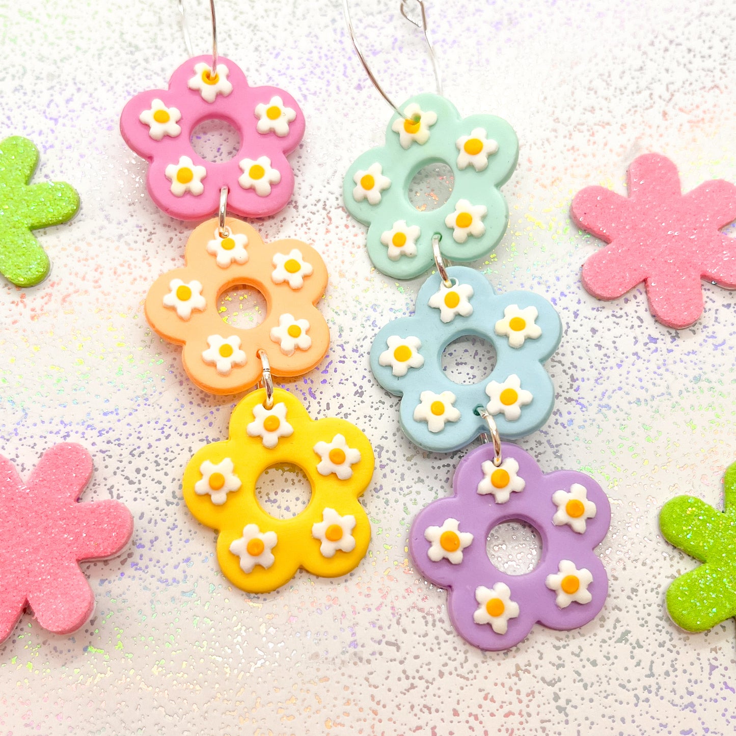 Mismatched rainbow double daisy dangles