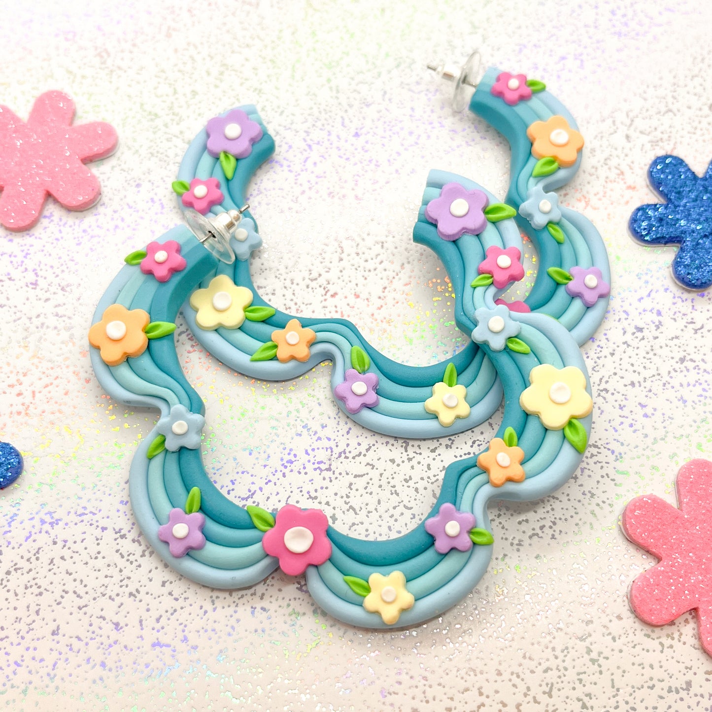 Blue ombre and rainbow floral squiggle hoops