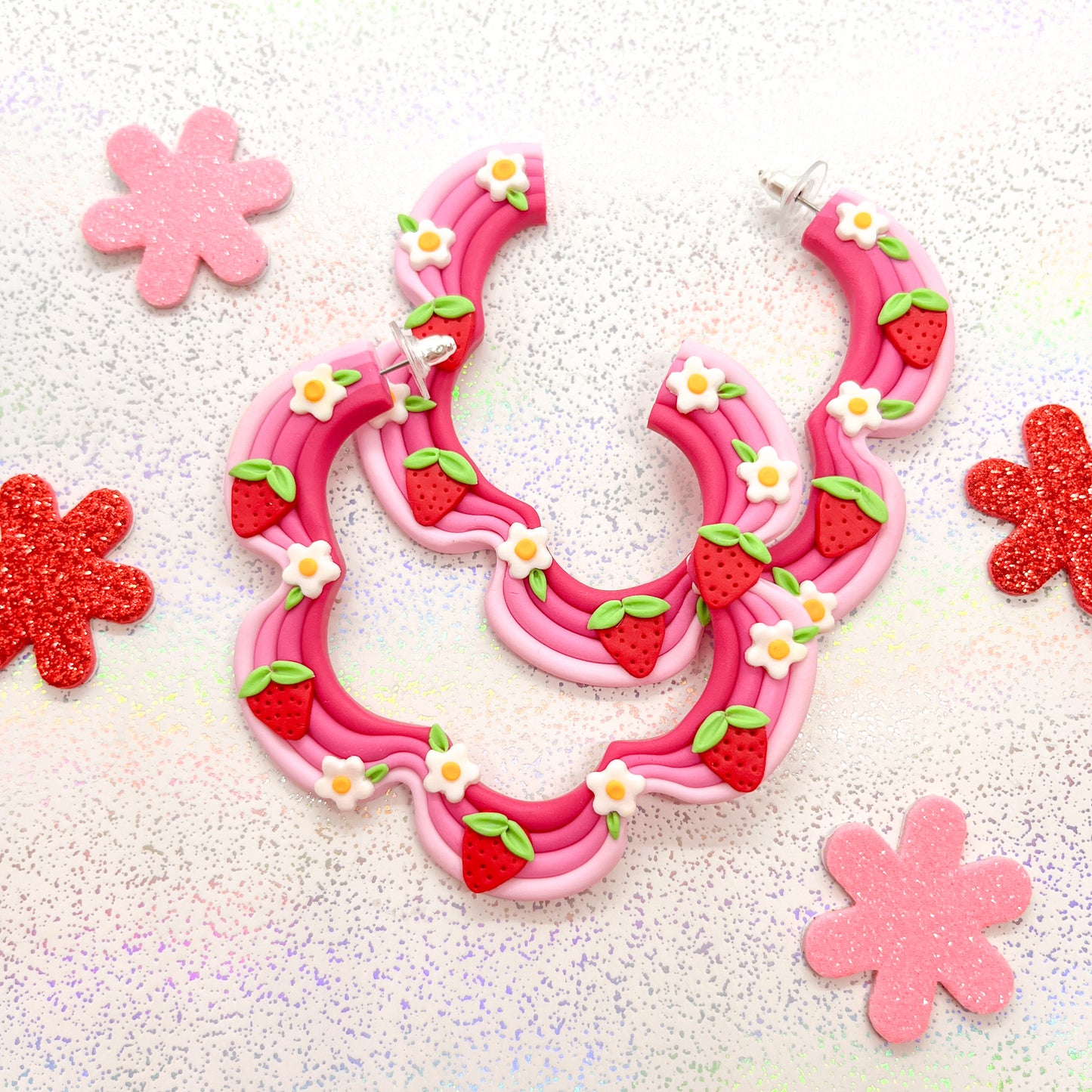 Pink ombre strawberry and daisy squiggle hoops