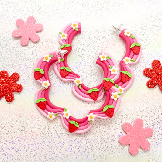 Pink ombre strawberry and daisy squiggle hoops