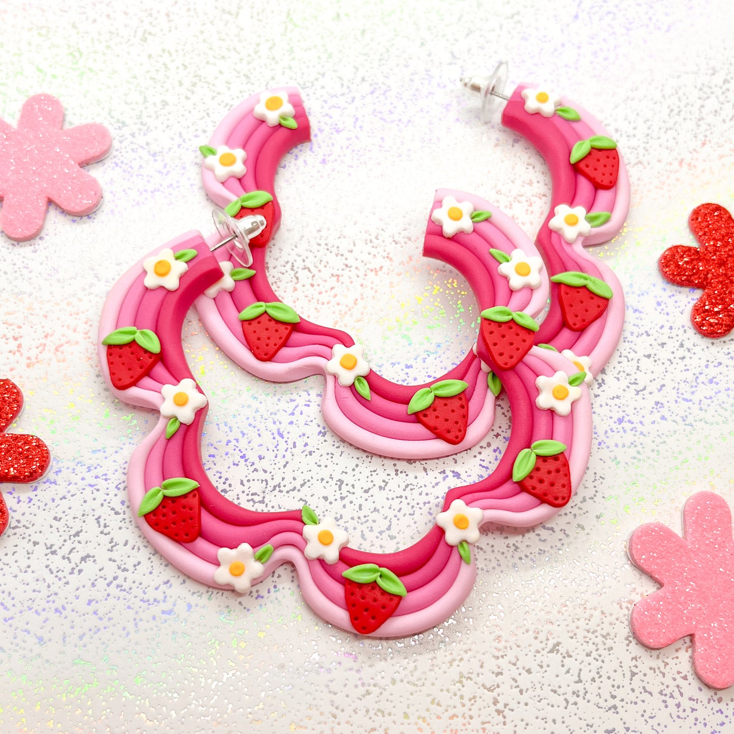 Pink ombre strawberry and daisy squiggle hoops