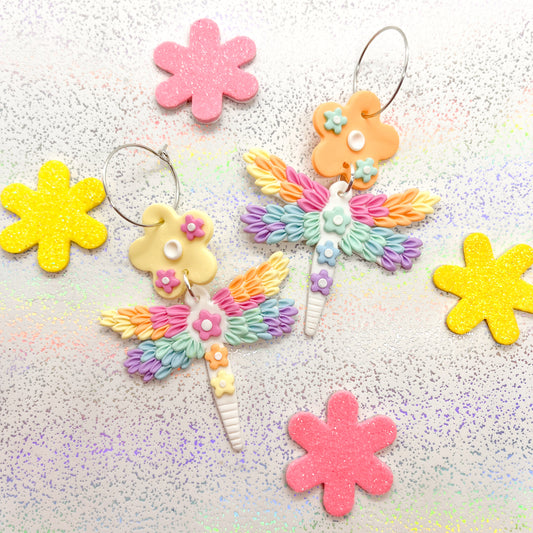 Rainbow floral dragonfly dangles