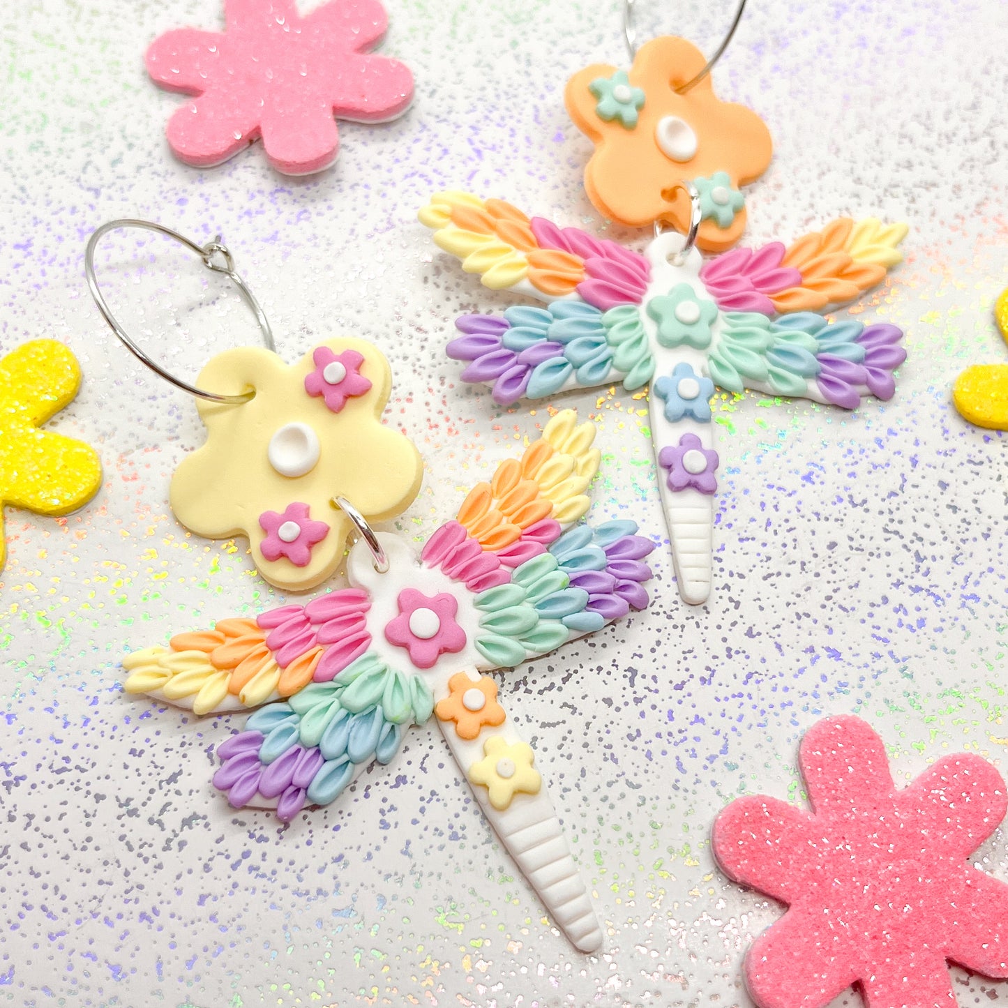 Rainbow floral dragonfly dangles