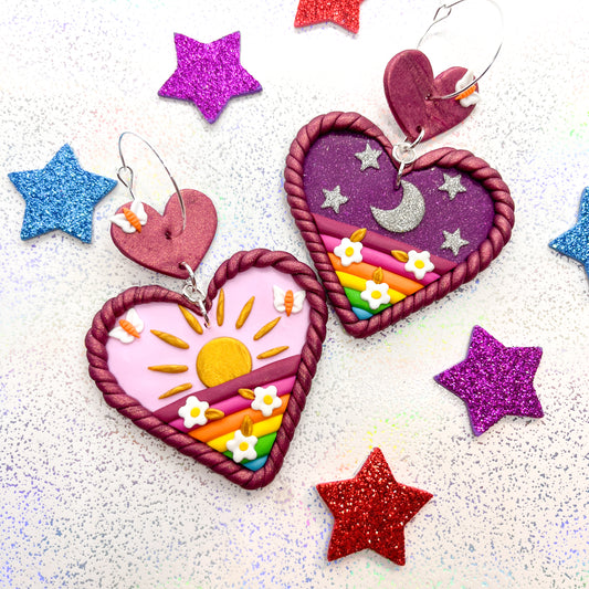 Autumn rainbow sunrise/sunset heart dangles