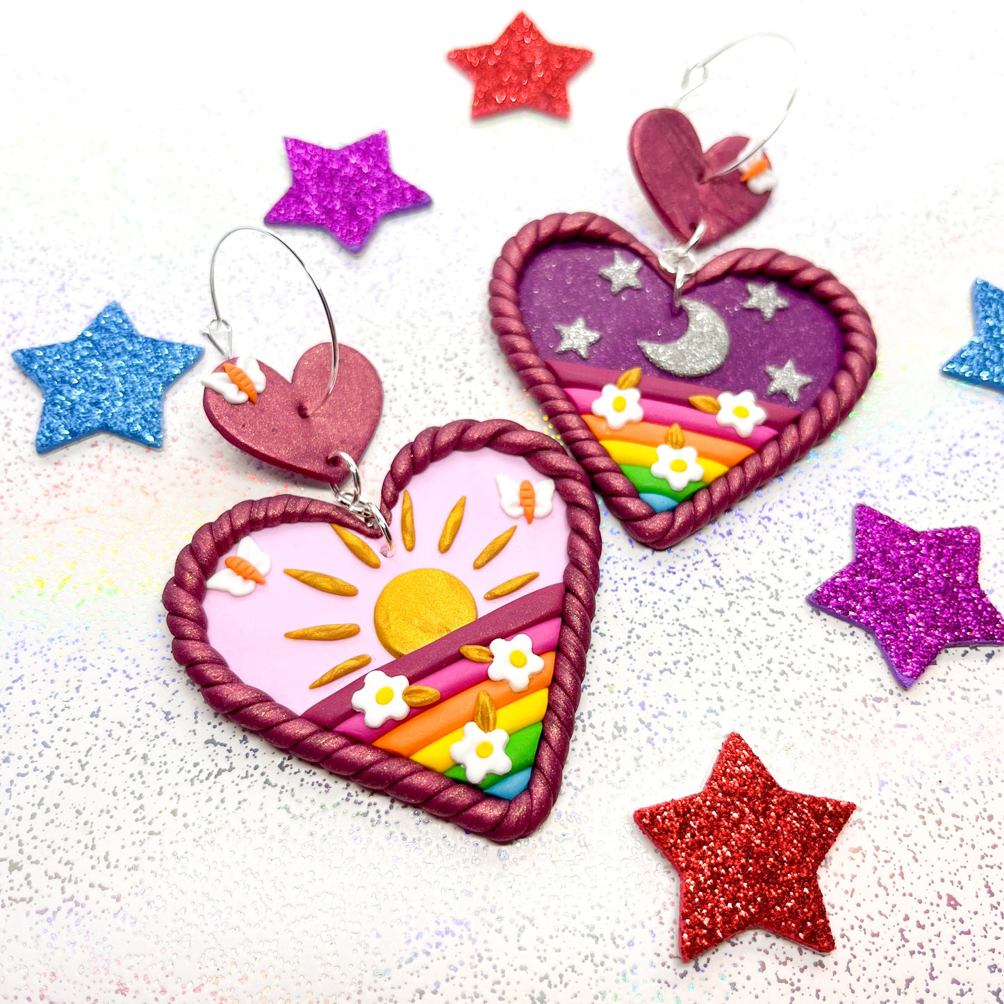 Autumn rainbow sunrise/sunset heart dangles