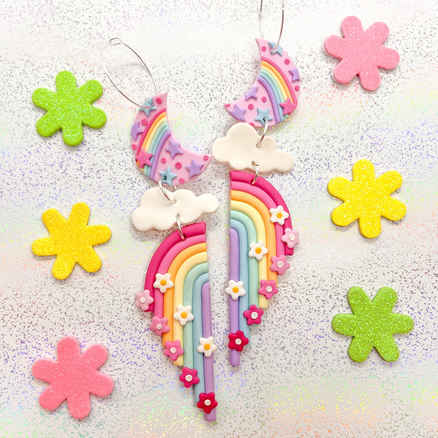 Pink and rainbow celestial lunar dangles