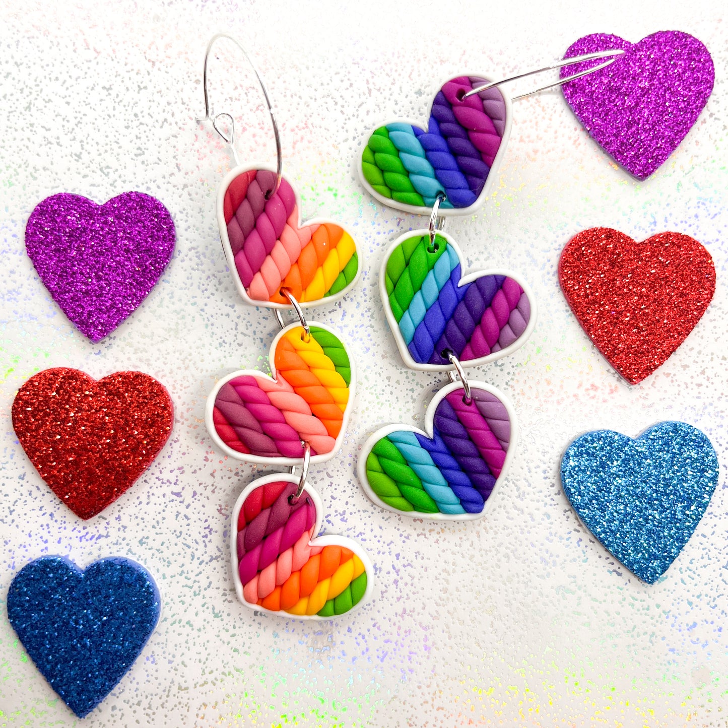 Mismatched autumn rainbow twisted heart dangles