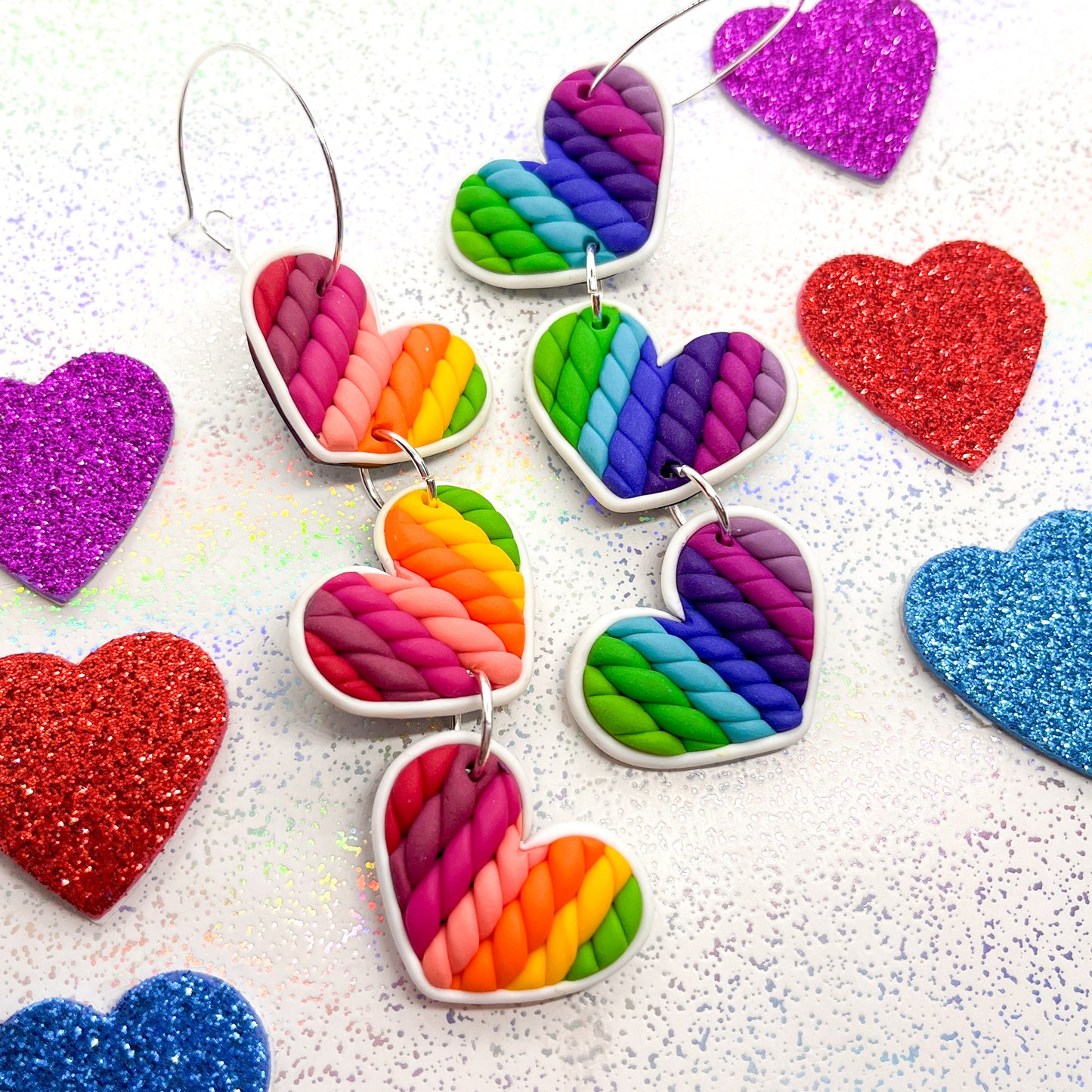 Mismatched autumn rainbow twisted heart dangles