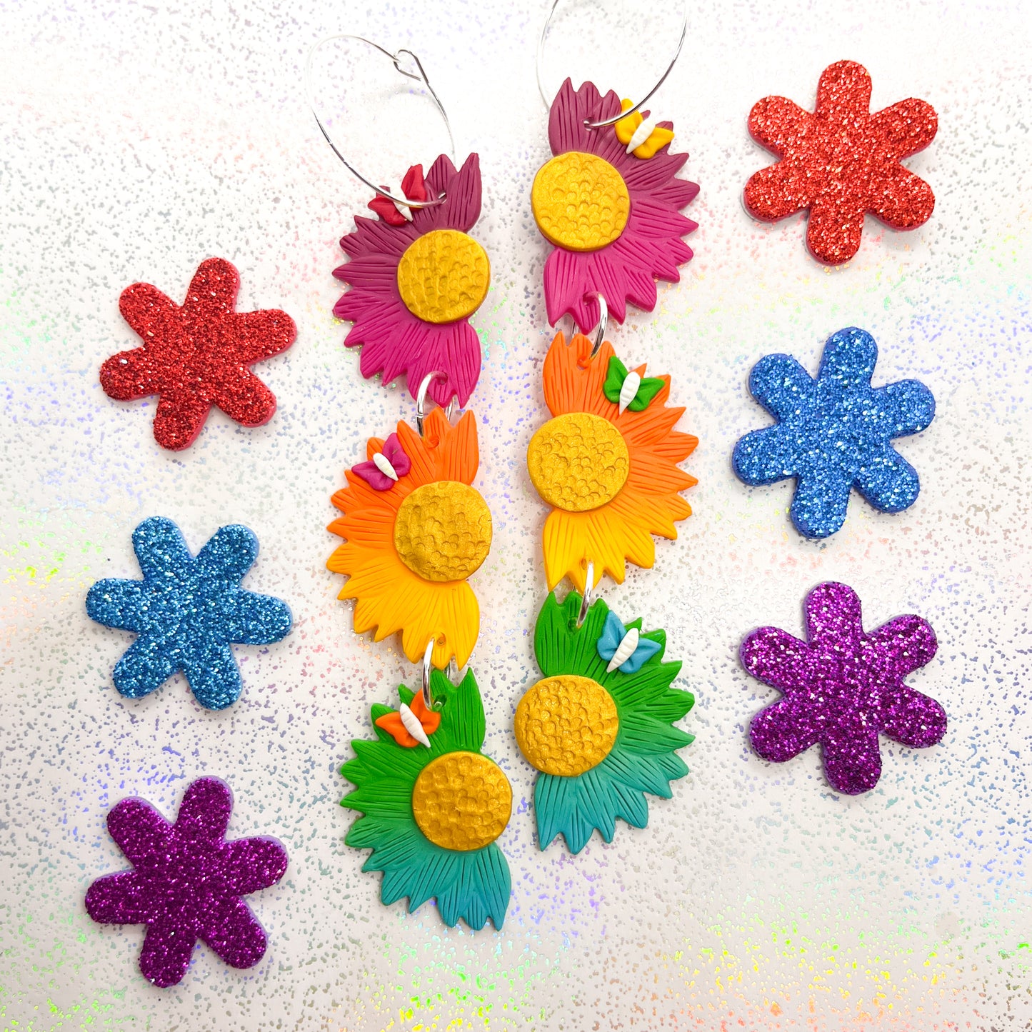 Triple-tiered autumn rainbow ombre sunflower dangles