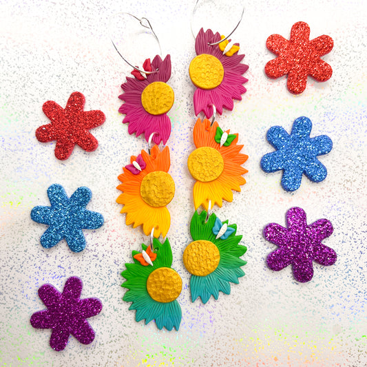 Triple-tiered autumn rainbow ombre sunflower dangles