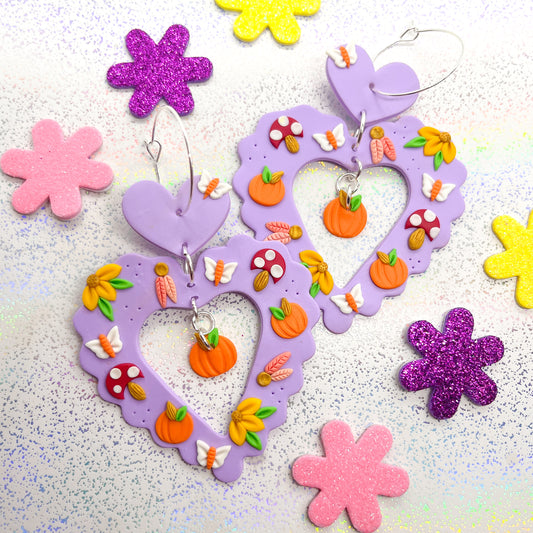 Lilac autumn woodland scalloped heart dangles