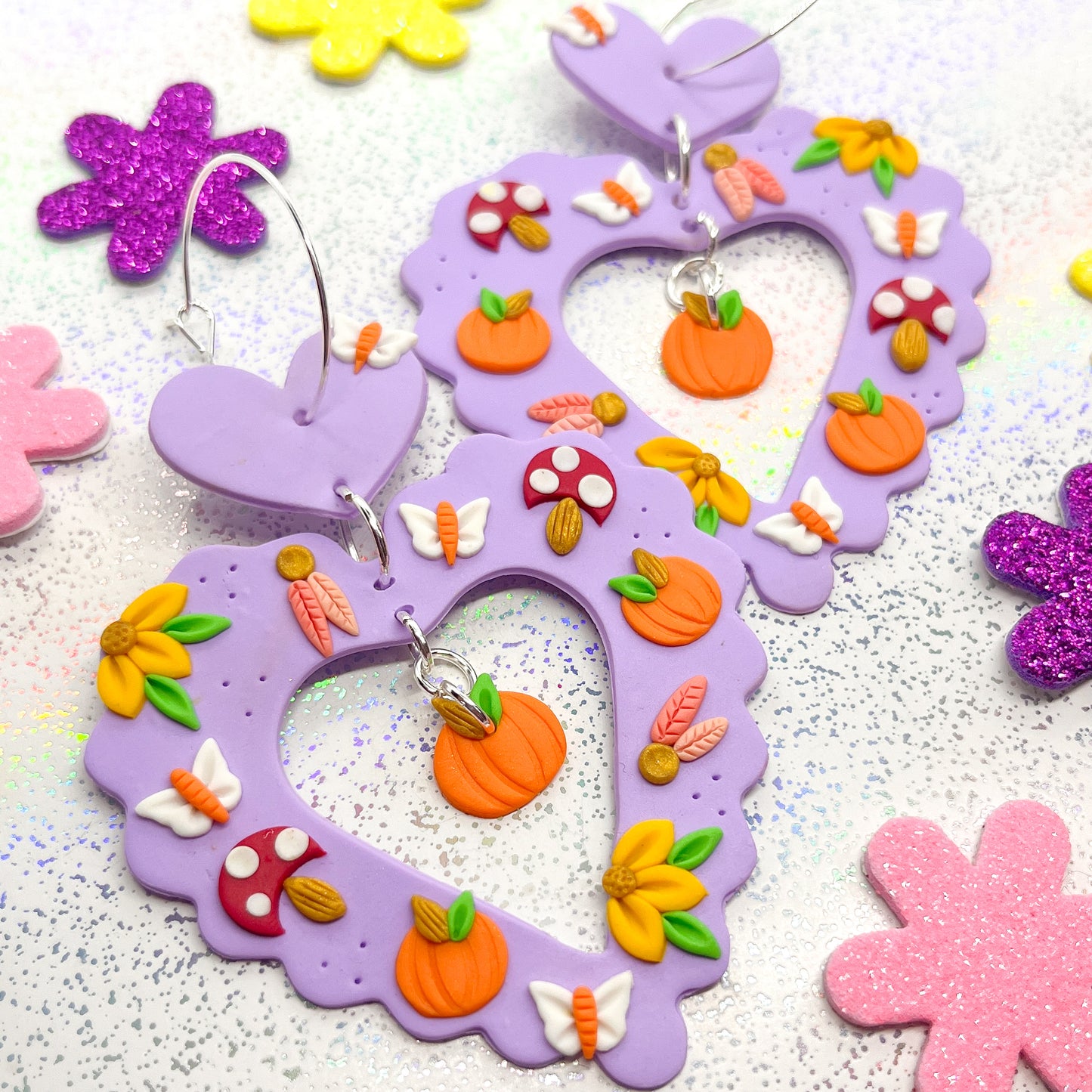 Lilac autumn woodland scalloped heart dangles