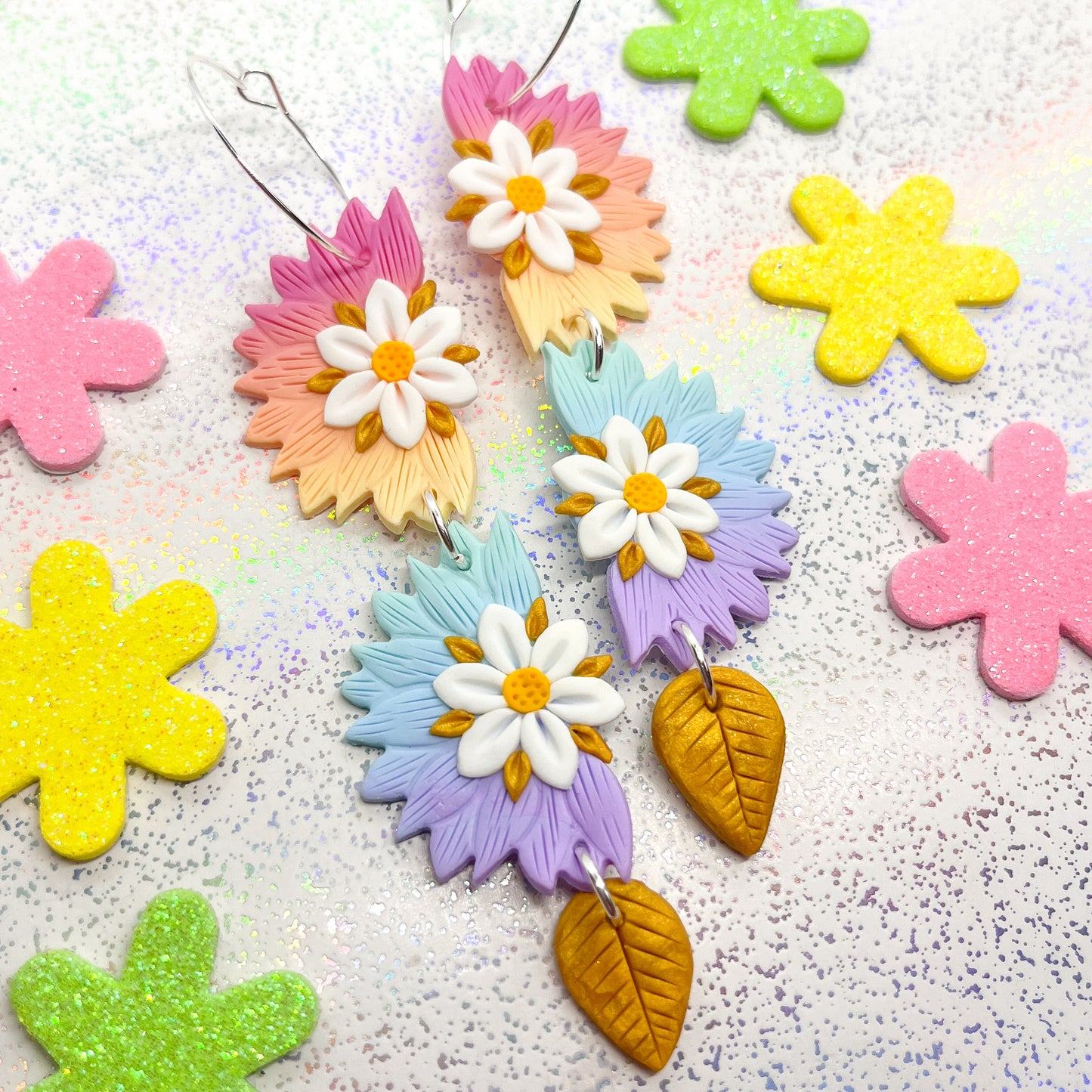 Ombre sunflower/daisy and autumn leaf dangles