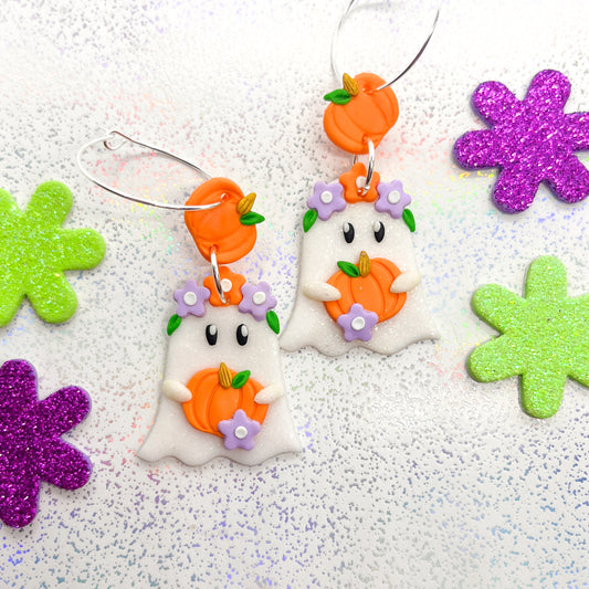 White glitter pumpkin ghostie dangles