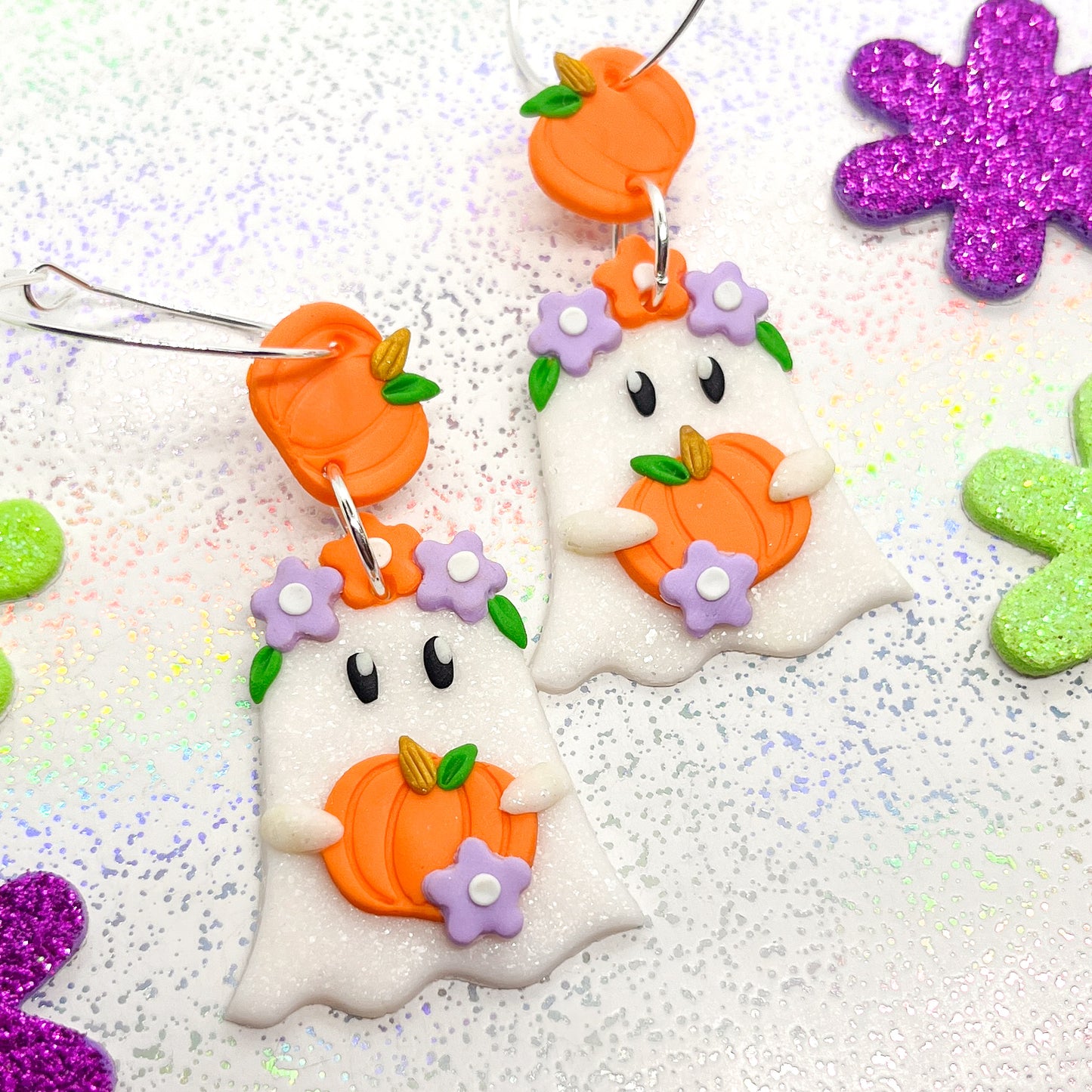 White glitter pumpkin ghostie dangles