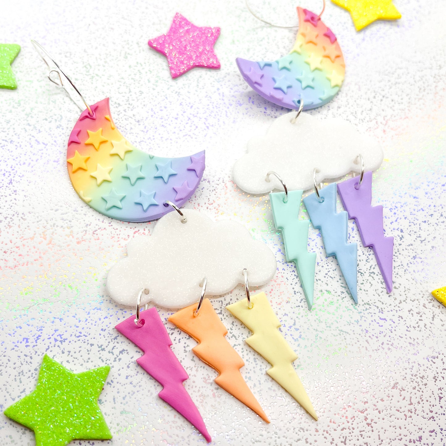 Pastel rainbow ombre lunar lightning storm dangles